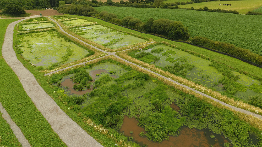 aerial view of the wetland at Cromhall Water Recycling Centre in South Gloucestershire