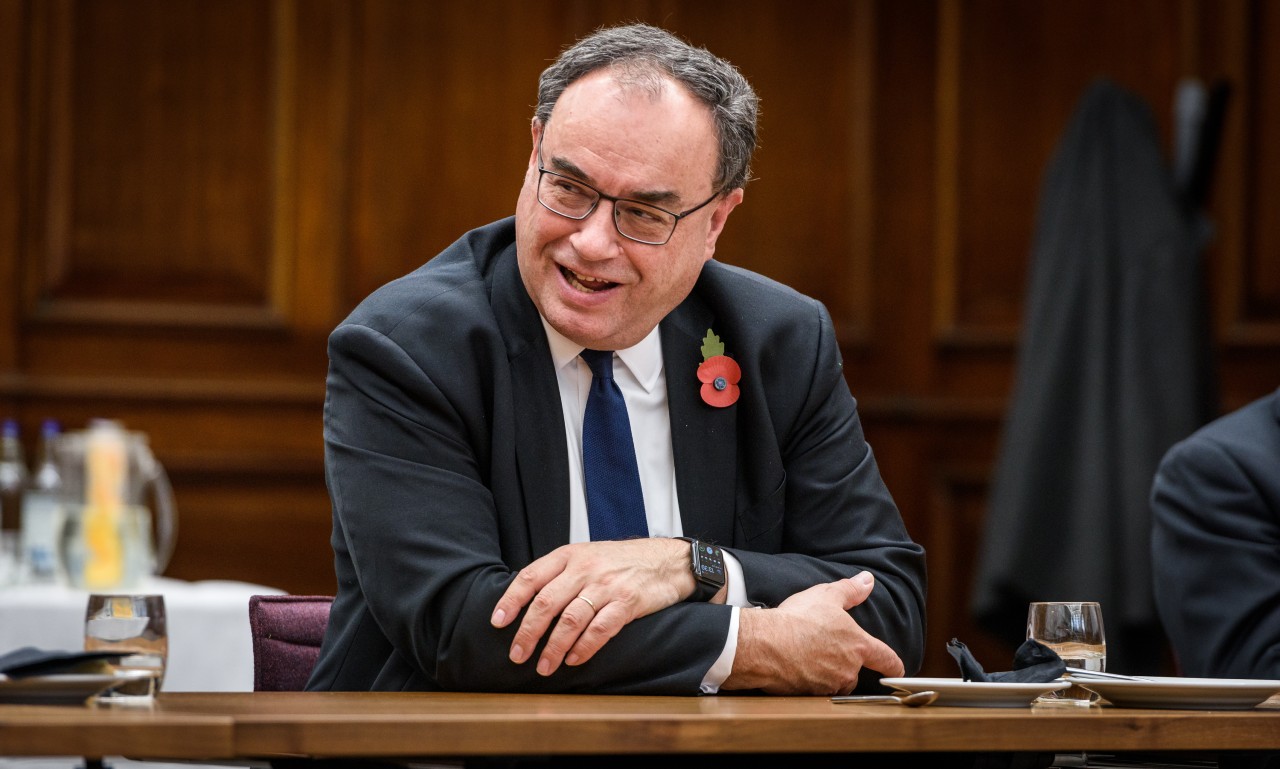 Andrew Bailey governor of the Bank of England takes part in a roundtable at MMU