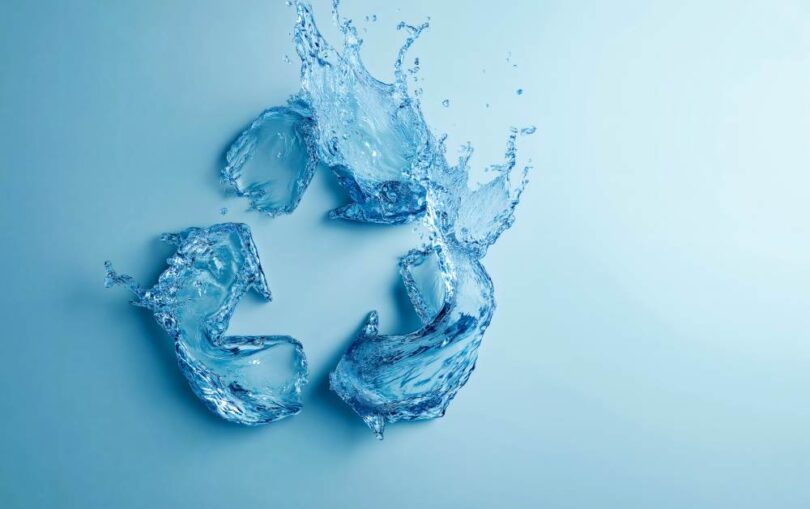 Water splash forming a recycling symbol, representing sustainable water management and innovation.