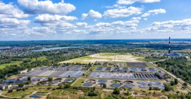 Aerial view of a large-scale water treatment and desalination facility.