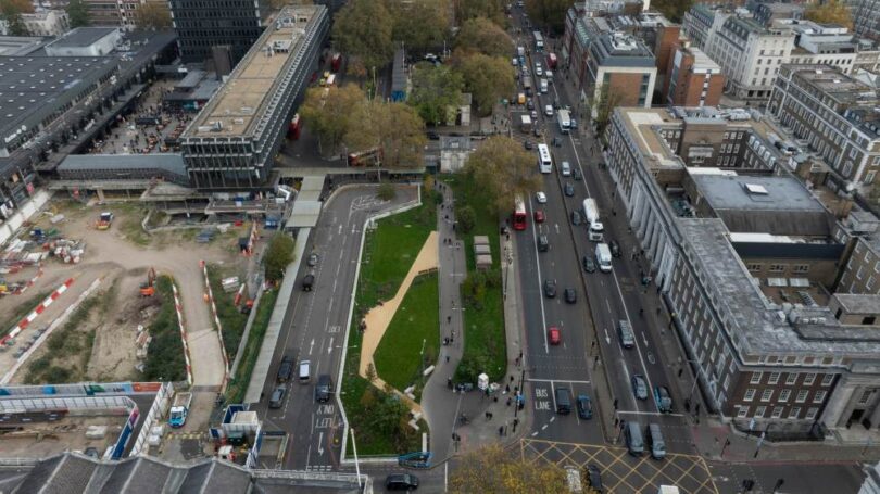 Aerial view looking east along Euston Road with the station on the left; works areas and pedestrian routes visible.