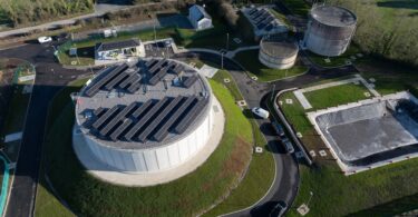 Aerial view of the upgraded Windmill Hill Reservoir in County Meath with solar PV panels installed on the new treated water storage tank.