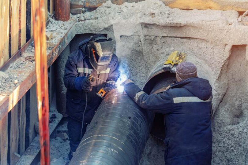 Engineers welding a large underground water pipe during replacement works to improve water safety.