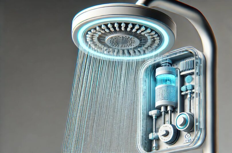 Showerhead symbolising Legionella prevention and water disinfection in healthcare facilities.