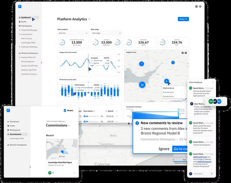 Screenshot of Jacobs&rsquo; Flood Platform showing dashboard analytics and collaborative workspace tools for flood modelling.