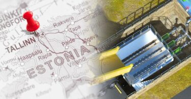 Map of Estonia with a red pin marking Tallinn, overlaid with an image of an industrial pumping installation.