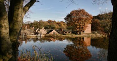 Historic Abbeydale Dam and surrounding buildings reflected in calm water on an autumn day.