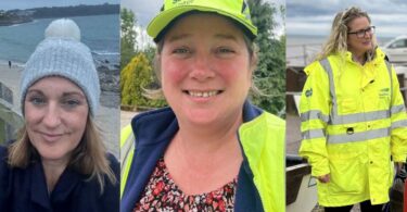Three South West Water female engineers and leaders standing in different outdoor locations, wearing winter or high-visibility workwear.