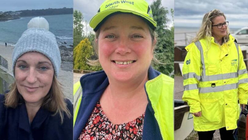 Three South West Water female engineers and leaders standing in different outdoor locations, wearing winter or high-visibility workwear.