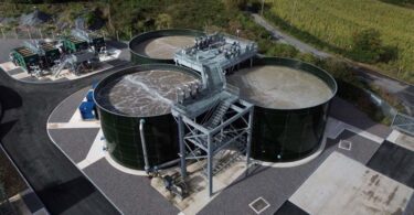 Aerial view of Keynsham Water Recycling Centre showing new treatment tanks and upgraded process equipment.