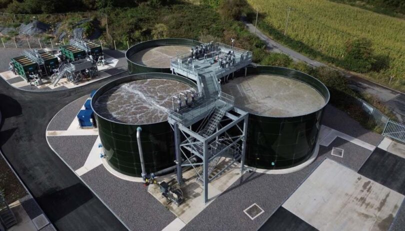 Aerial view of Keynsham Water Recycling Centre showing new treatment tanks and upgraded process equipment.