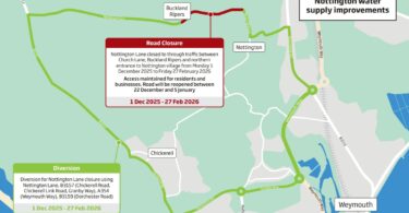 Map showing Nottington Lane road closure and diversion routes for Wessex Water’s supply upgrade near Weymouth