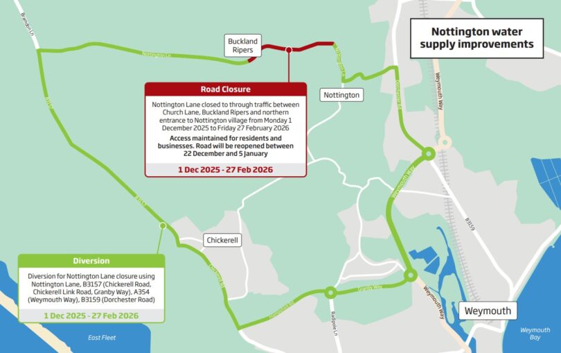 Map showing Nottington Lane road closure and diversion routes for Wessex Water&rsquo;s supply upgrade near Weymouth
