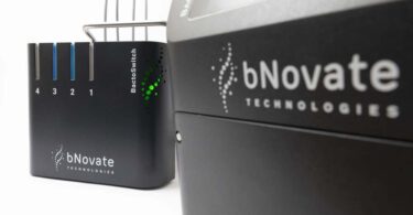 bNovate’s BactoSwitch device shown alongside the BactoSense analyser, highlighting the system’s four water sampling lines.