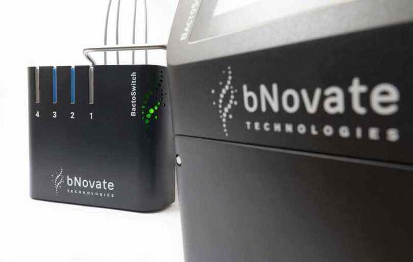 bNovate&rsquo;s BactoSwitch device shown alongside the BactoSense analyser, highlighting the system&rsquo;s four water sampling lines.