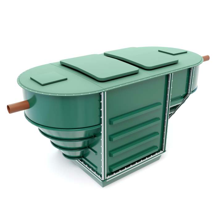 Photorealistic rendering of a WCSEE HiPAF wastewater treatment system showing internal chamber design.