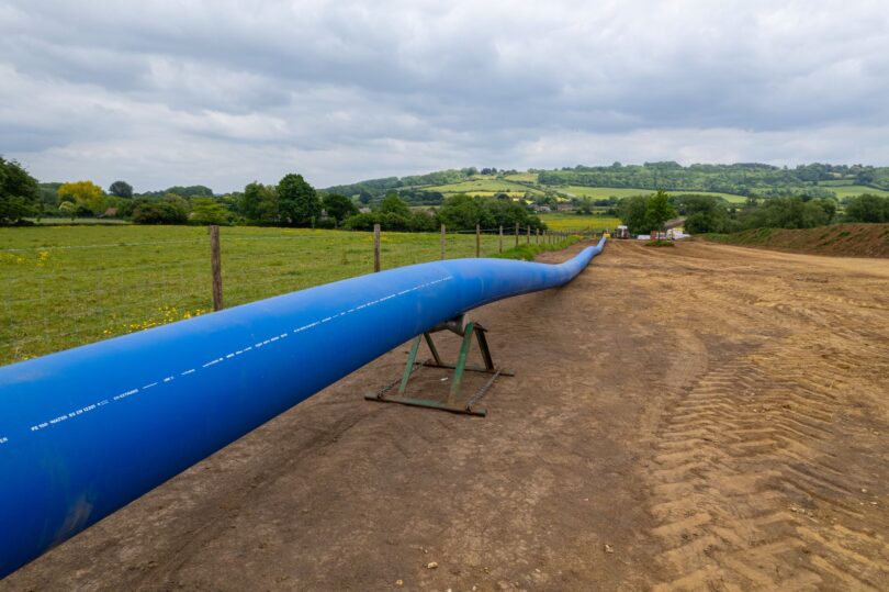 New blue water main installed across rural farmland near Lacock, Wiltshire