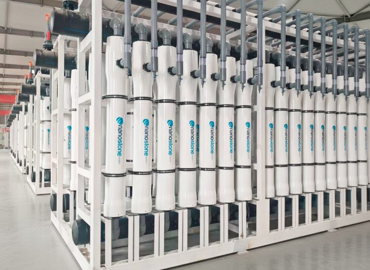 Rows of Nanostone ceramic ultrafiltration modules installed in a water-treatment facility.