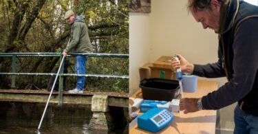 A farmer taking a water sample from a chalk stream using a long-handled sampling pole and A farmer analysing a water sample inside an on-farm laboratory using a handheld pipette.