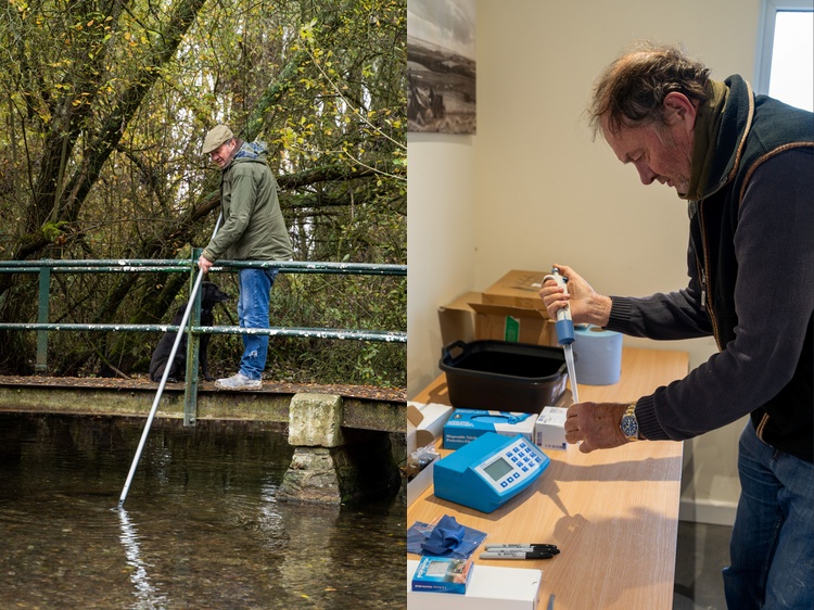 A farmer taking a water sample from a chalk stream using a long-handled sampling pole and A farmer analysing a water sample inside an on-farm laboratory using a handheld pipette.