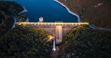 Bird’s-eye view of the Santa Uxía hydropower station in Galicia, Spain
