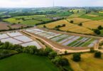 Aerial view of newly constructed water and wastewater infrastructure and wetlands in rural Yorkshire