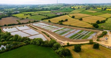 Aerial view of newly constructed water and wastewater infrastructure and wetlands in rural Yorkshire