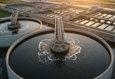 Stantec AI wastewater operations project treatment plant clarifiers aerial view