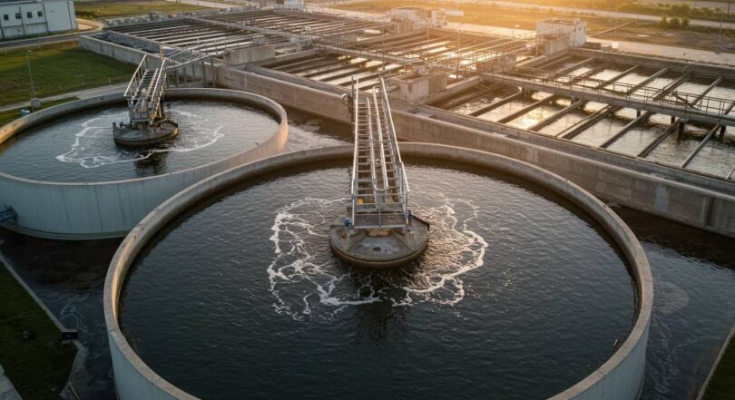 Stantec AI wastewater operations project treatment plant clarifiers aerial view