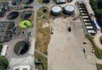 Rugby sewage treatment works upgrade showing activated sludge tanks and construction works to increase capacity