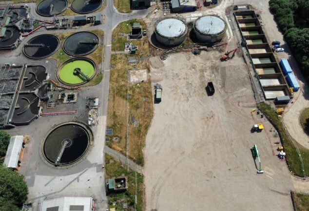 Rugby sewage treatment works upgrade showing activated sludge tanks and construction works to increase capacity