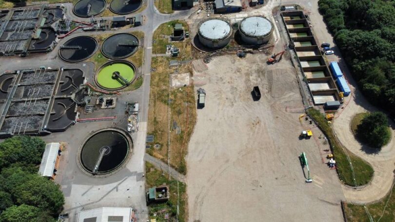 Rugby sewage treatment works upgrade showing activated sludge tanks and construction works to increase capacity