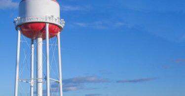 US water infrastructure funding earmarks municipal water tower infrastructure against blue sky