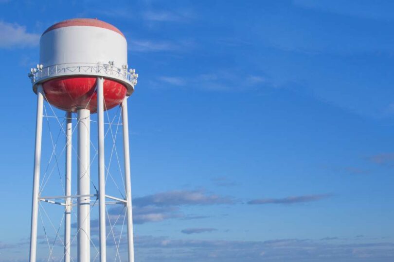 US water infrastructure funding earmarks municipal water tower infrastructure against blue sky