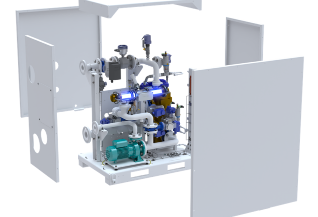 Ballast water treatment system for superyachts showing compact UV filtration unit and pump assembly