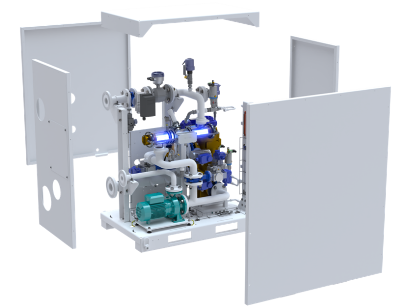Ballast water treatment system for superyachts showing compact UV filtration unit and pump assembly