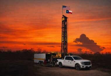 water well drilling rig operating in field supporting groundwater infrastructure development