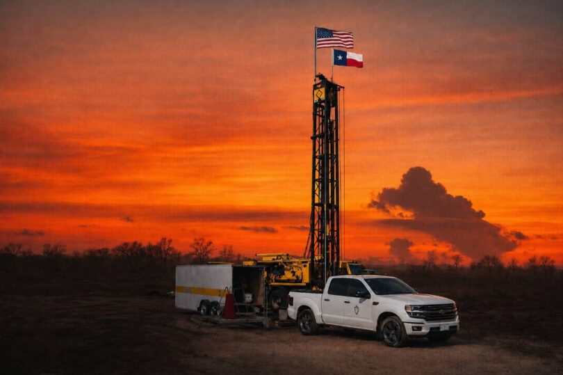 water well drilling rig operating in field supporting groundwater infrastructure development