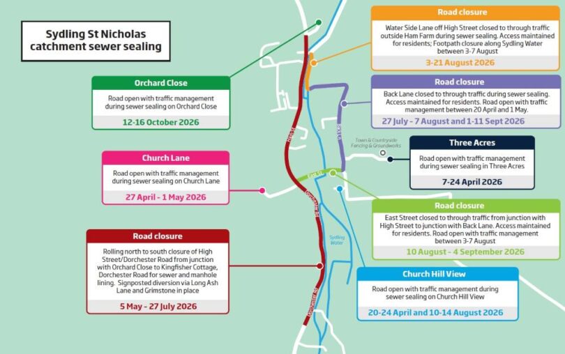 Sydling St Nicholas sewer investment road closures map sewer sealing Dorset village