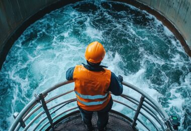 Water industry worker overseeing wastewater infrastructure operations