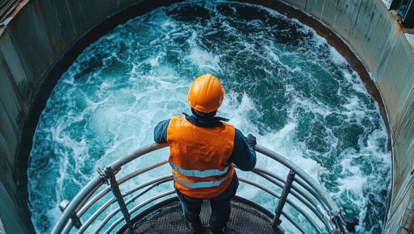 Water industry worker overseeing wastewater infrastructure operations