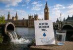 UK water reform legislation concept showing Parliament, reservoirs and water infrastructure representing proposed single regulator plans