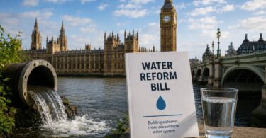 UK water reform legislation concept showing Parliament, reservoirs and water infrastructure representing proposed single regulator plans