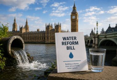 UK water reform legislation concept showing Parliament, reservoirs and water infrastructure representing proposed single regulator plans