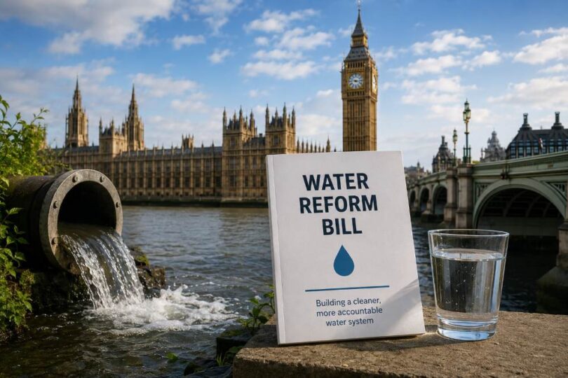 UK water reform legislation concept showing Parliament, reservoirs and water infrastructure representing proposed single regulator plans