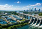 urban water treatment plant and dam with city skyline showing modern infrastructure systems