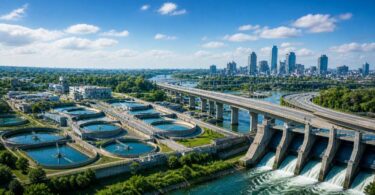 Aerial view of a modern industrial water treatment and reuse facility