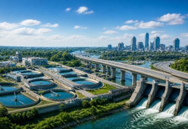 urban water treatment plant and dam with city skyline showing modern infrastructure systems