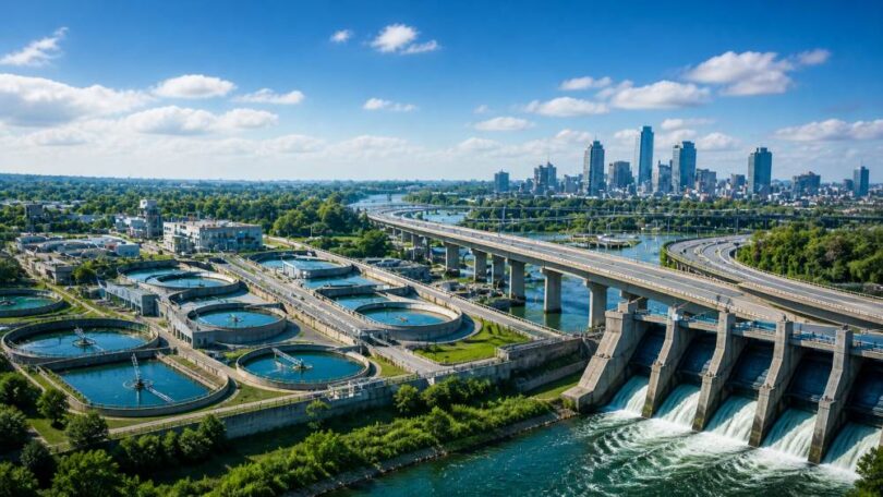 urban water treatment plant and dam with city skyline showing modern infrastructure systems