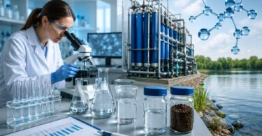 Scientist analysing PFAS water treatment samples in laboratory beside advanced water filtration and remediation system